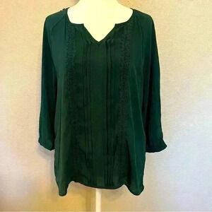 41 Hawthorn dark green v neck long sleeve blouse size small with lace details